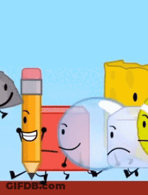 Group Of Cartoon Characters Including Pencil Clock And Marshmallow GIF