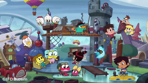 Group Of Cartoon Characters Including Perry The Platypus And Star Trek GIF