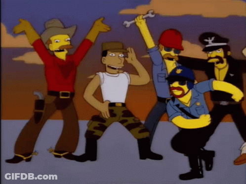 Group Of Cartoon Characters Including Policeman And Cowboy GIF