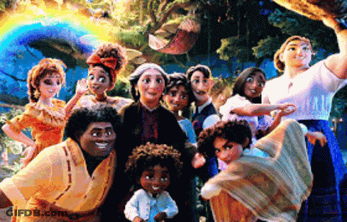 Group Of Cartoon Characters Posing In Front Of Rainbow GIF