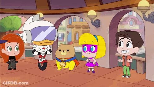 Group Of Cartoon Characters Standing In A Hallway GIF
