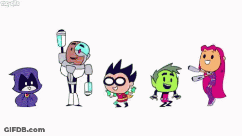 Group Of Cartoon Characters Standing In A Line GIF