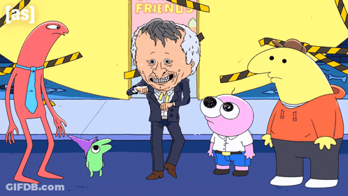 Group Of Cartoon Characters Standing In Front Of Friend Sign GIF