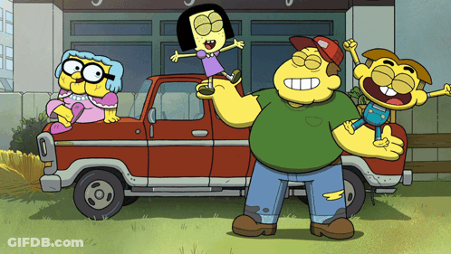Group Of Cartoon Characters Standing In Front Of Truck GIF