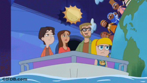 Group Of Cartoon Characters Standing On A Boat GIF