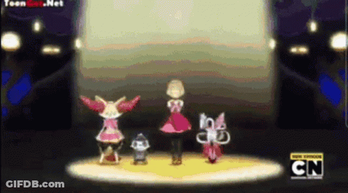 Group Of Cartoon Characters Standing On Stage With CN GIF