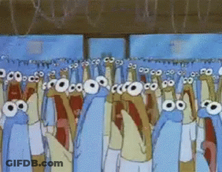 Group Of Cartoon Characters With Big Eyes Standing GIF