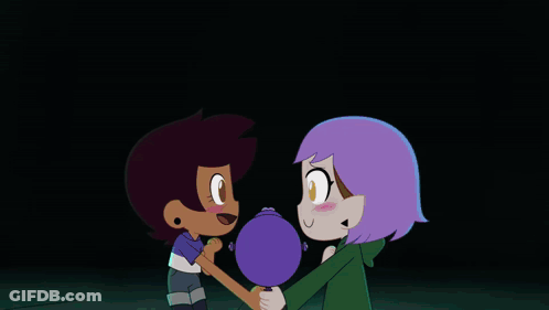 Group Of Cartoon Ducks Standing Around Girl Holding Purple Object GIF