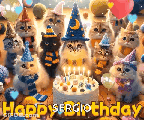 Group Of Cats In Party Hats Around Birthday Cake GIF