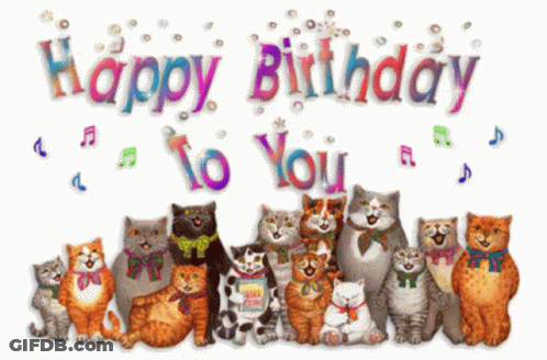 Group Of Cats Sitting In Front Of Happy Birthday GIF