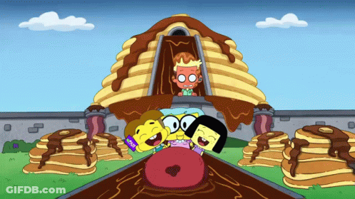 Group Of Characters In Front Of Chocolate Building GIF