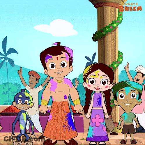 Group Of Characters With Bheem Text GIF