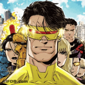 Group Of Comic Book Characters Including Man With Glasses GIF
