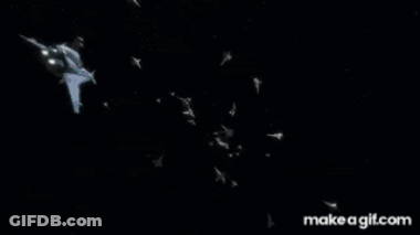Group Of Fighter Jets Flying In Dark Galaxy GIF