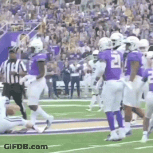 Group Of Football Players With Referee On Field GIF