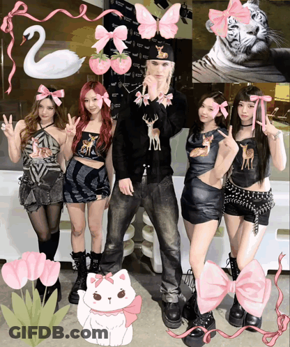 Group Of Girls Posing With Cat And Swan GIF