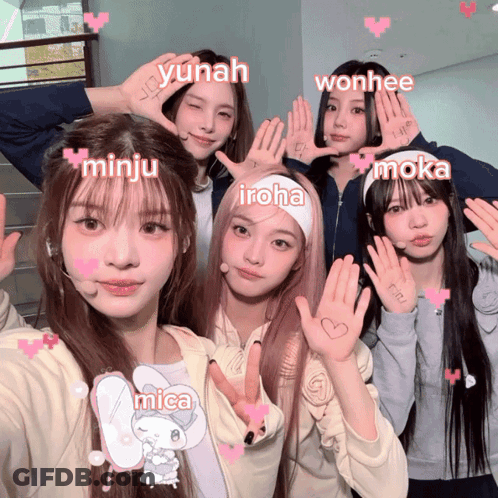 Group Of Girls Posing With Names Minju Wonhee Iroha Moka Mica On Hands GIF
