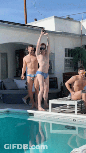 Group Of Men Around Pool One Naked GIF