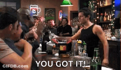 Group Of Men Drinking Beer At Bar With Bartender GIF
