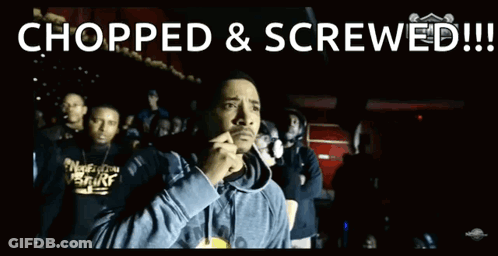 Group Of Men In Dark Room With Chopped & Screwed Written Below GIF