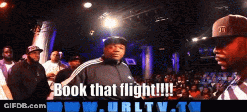 Group Of Men In Front Of Crowd Saying Book That Flight GIF