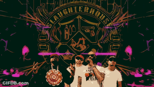 Group Of Men In Front Of Laughterhouse Logo GIF