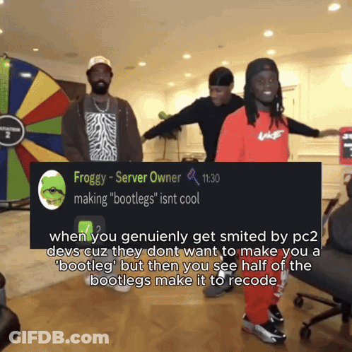 Group Of Men In Front Of Wheel With Froggy Server Owner Making Bootlegs Isnt Cool Sign GIF