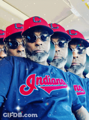 Group Of Men In Indians T-Shirts And Hats GIF