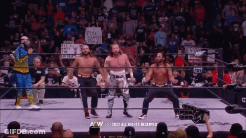 Group Of Men In Wrestling Ring With Too Sweet Cosplay Sign GIF