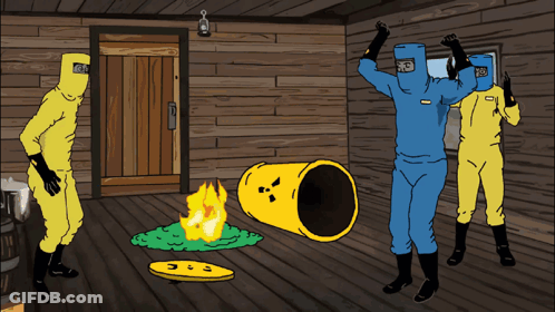 Group Of Men In Yellow And Blue Suits With Barrel GIF