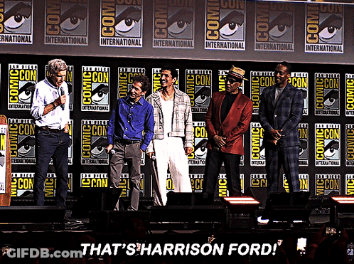 Group Of Men On Stage With That's Harrison Ford Sign GIF
