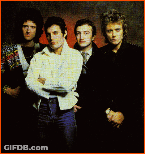 Group Of Men Posing With Queen Text GIF