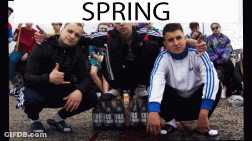 Group Of Men Posing With Spring GIF