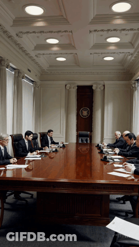 Group Of Men Sitting Around Long Wooden Table GIF