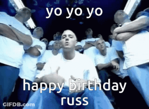 Group Of Men Standing Around Man Saying Happy Birthday Russ GIF