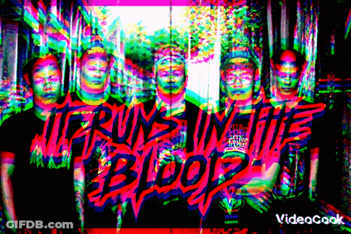 Group Of Men Standing In Front Of Run Until The Blood Sign GIF