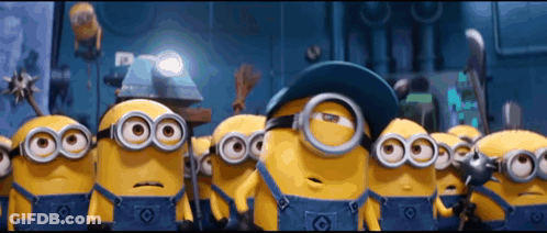 Group Of Minions In Overalls And Goggles Standing In A Row GIF