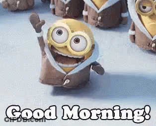Group Of Minions Standing On Snow Saying Good Morning GIF