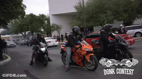 Group Of Motorcycle Riders Riding Down Street With Words Donk Contest On Bottom GIF