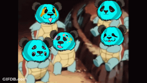 Group Of Panda Bears Sitting On Turtles GIF