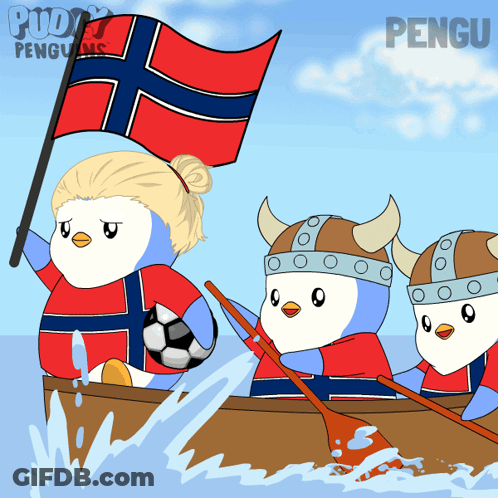 Group Of Penguins In A Boat With Word Pengu GIF