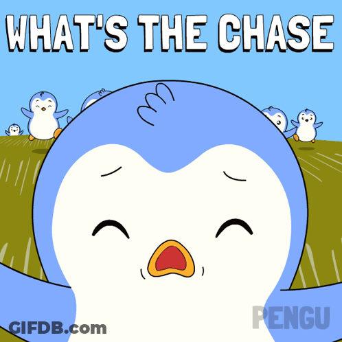 Group Of Penguins Standing In Field Saying What's The Chase GIF