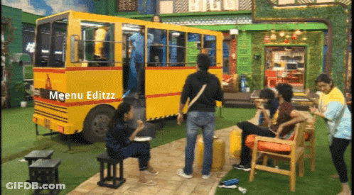 Group Of People Around Meenu Editzz Yellow Bus GIF