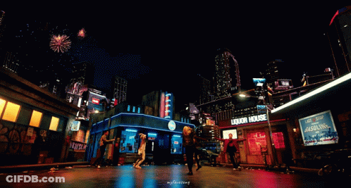 Group Of People Dancing In Front Of Liquor House GIF