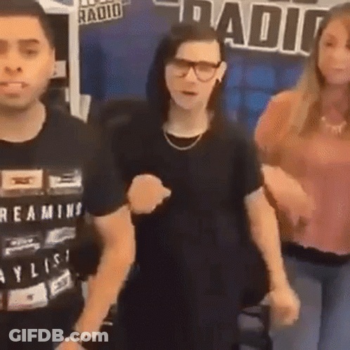 Group Of People Dancing In Front Of Radio Station GIF