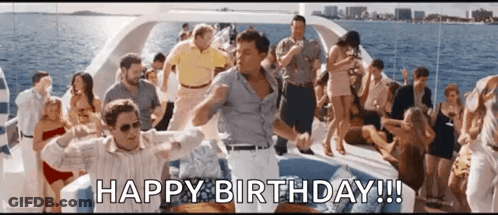 Group Of People Dancing On Boat Saying Happy Birthday GIF