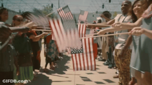 Group Of People Holding American Flags In A Line GIF
