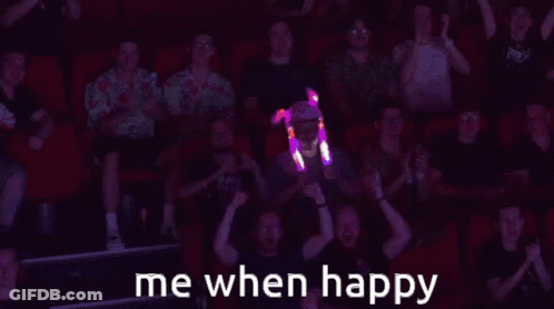 Group Of People In Dark Room Saying Me When Happy GIF