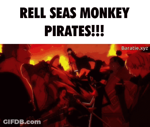 Group Of People In Front Of Fire Rell Seas Monkey Pirates GIF