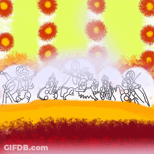 Group Of People In Front Of Yellow And Red Background GIF